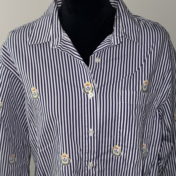 Talbots vintage striped purple white crests long sleeve buttoned down top Sz L - Picture 2 of 6